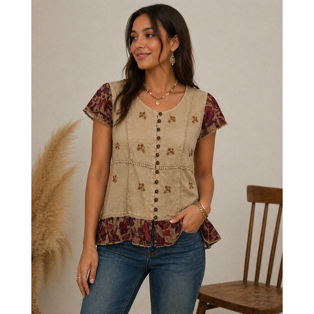 Karma Highway Brown Embroidered Boho Ruffle Detail Cutout Back Blouse Medium